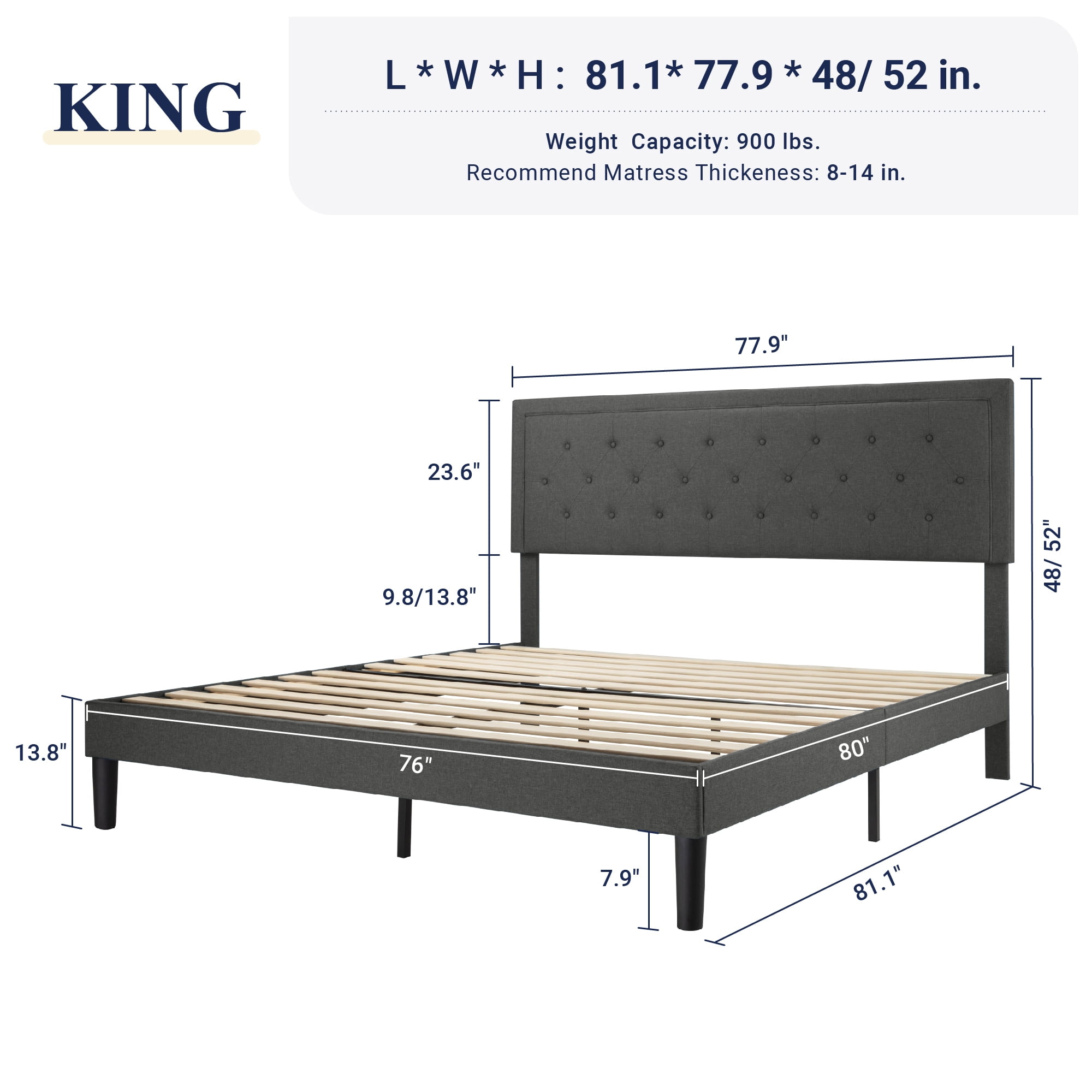 Allewie King Size Fabric Upholstered Bed Frame with Diamond Button Tufted/Adjustable Headboard/Wood Slat Support/Mattress Foundation/Dark Grey