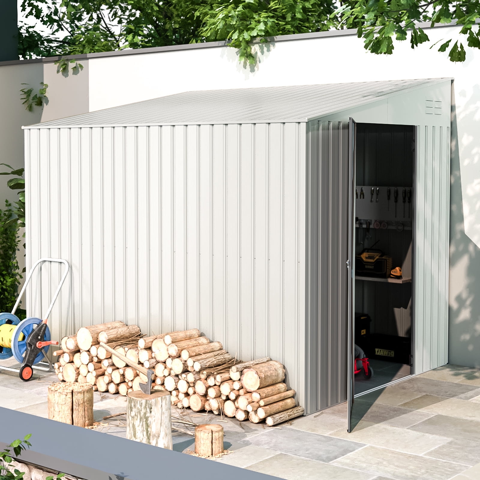 YODOLLA 8' x 6' Outdoor Storage Side Shed Metal Attached Lean-To Shed with Lockable Door for Backyard in White
