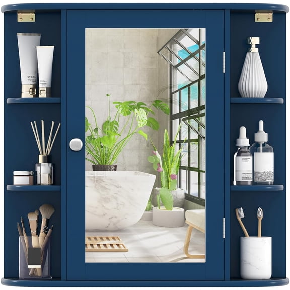 COSTWAY Medicine Cabinet with Mirror, Wall Mounted Bathroom Storage Cabinet with Mirror Door and Adjustable Shelves, Space-Saving Storage Organizer for Living Room Kitchen Entryway (Blue)
