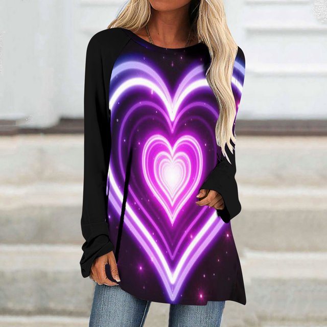 Qertyioot T-Shirt Graphique pour Femmes de la Saint-Valentin à Manches Longues, Haut Tunique Décontracté à Col Rond