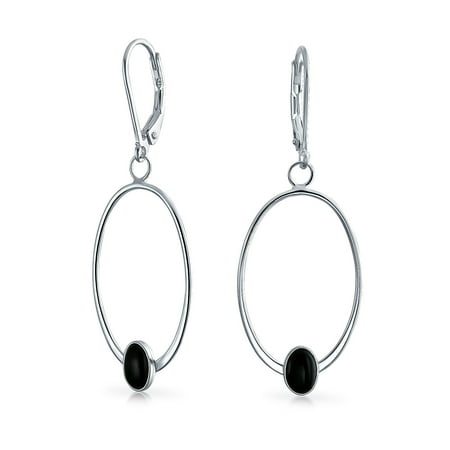 Dangling Onyx Earrings - Geometric Thin Open Circle Black Onyx Gemstone Accent Leverback Hoop Dangle Earrings For Women Sterling Silver
