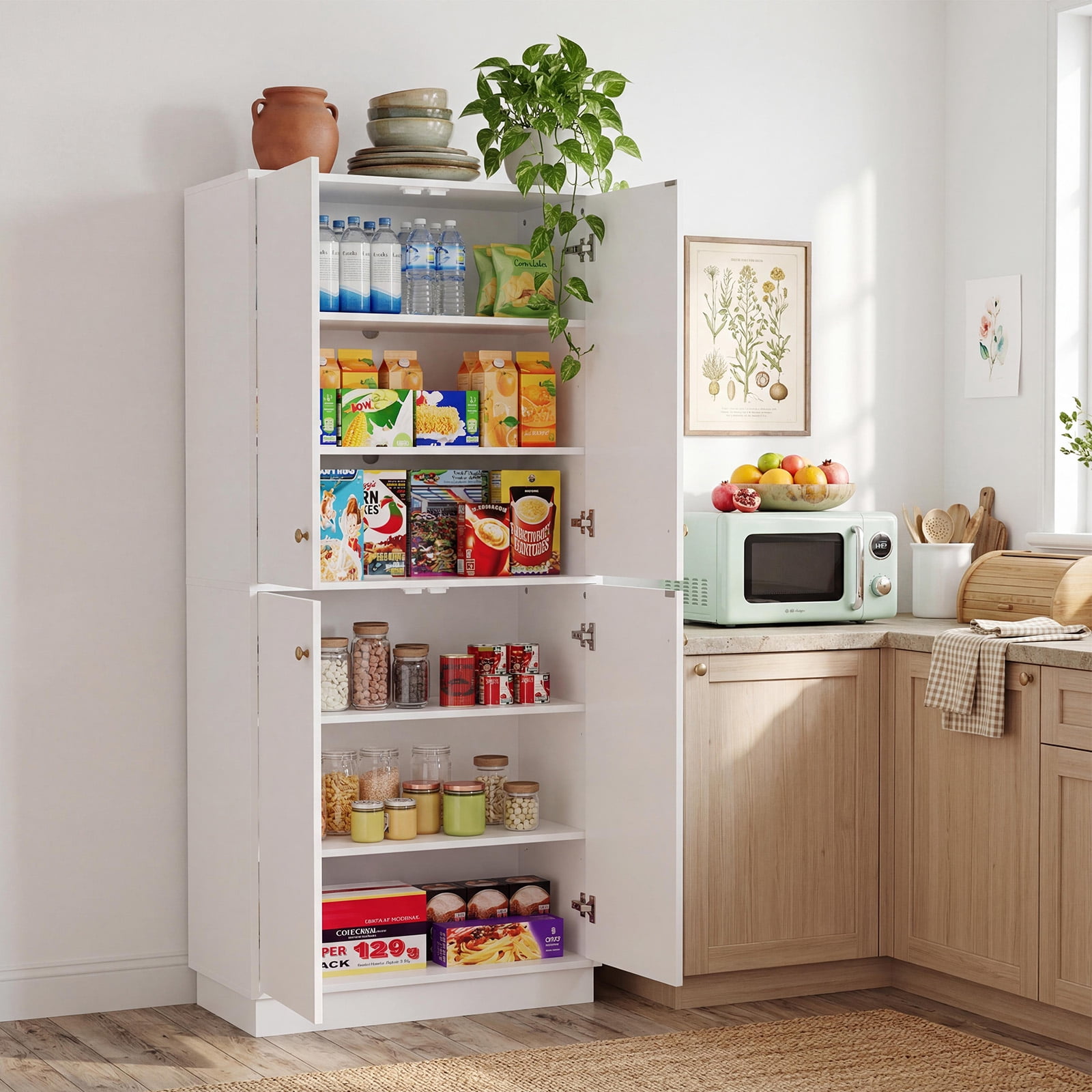 Garvee 67.3" Tall Pantry Cabinet, 4-Door Kitchen Food Storage Cabinet with Adjustable Shelves, Freestanding Pantry Cupboard Organizer for Dining Room, Living Room, Utility Room, Black