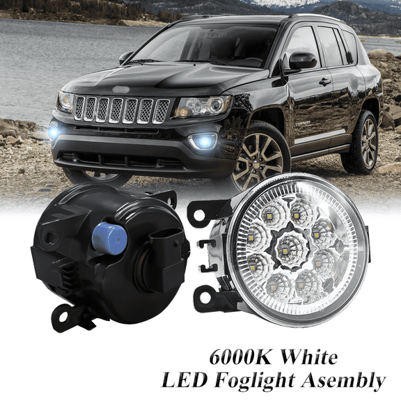 Pair Round LED Fog Lights for Jeep Compass 2017-2020, 55W White Clear Off-Road Lamps Black Front Bumper LED Fog Lights Assembly
