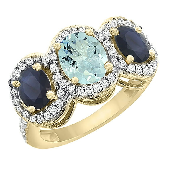 14K Yellow Gold Natural Aquamarine & HQ Blue Sapphire 3-Stone Ring Oval Diamond Accent, size 7