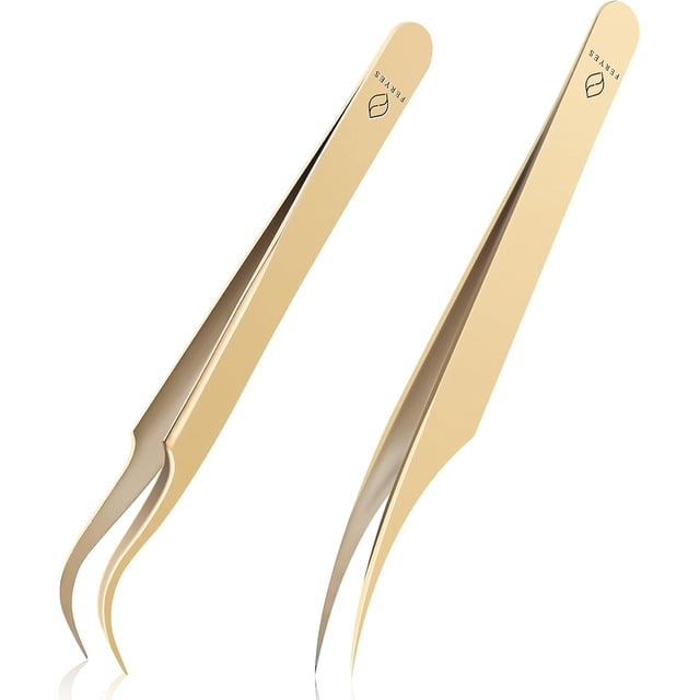 FERYES Lash Tweezers for Eyelash Extensions, Professional Dolphin & Boot Tweezers, Stainless Steel Lash Extension kit, Volume Precision Eyelash Tweezer with Tin Box, 2 Pcs, Gold-Plated