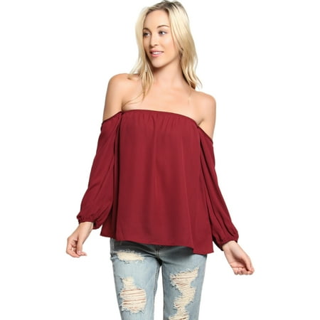 Navy Chiffon - TheMogan Junior's S~3X Off Shoulder Bishop Long Sleeve Flowy Top Chiffon Blouse