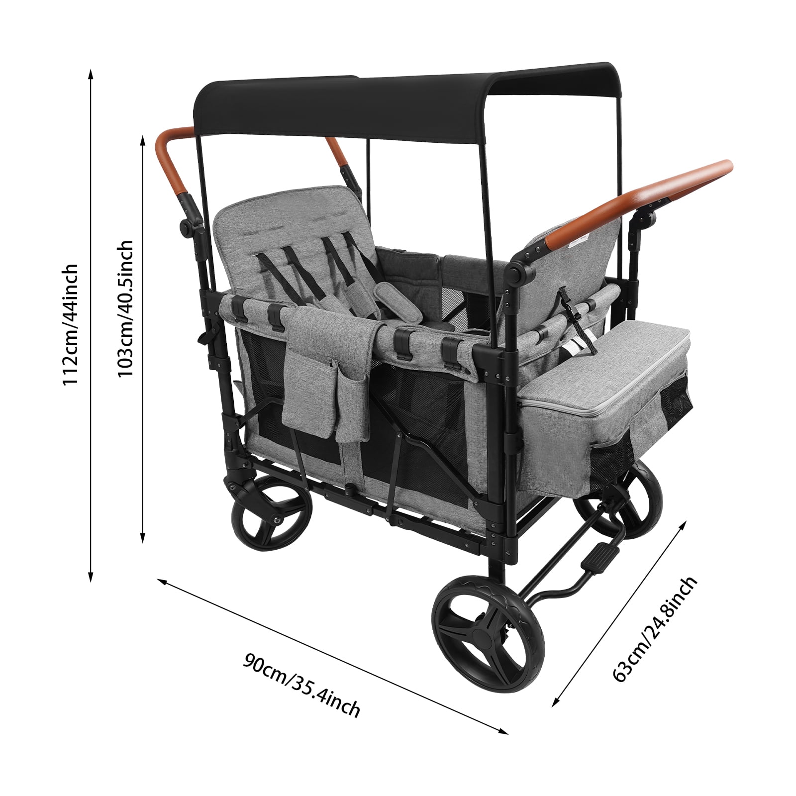 Foldable Double Push Bar Wagon Stroller, Wagon Cart Featuring 4 High Seat