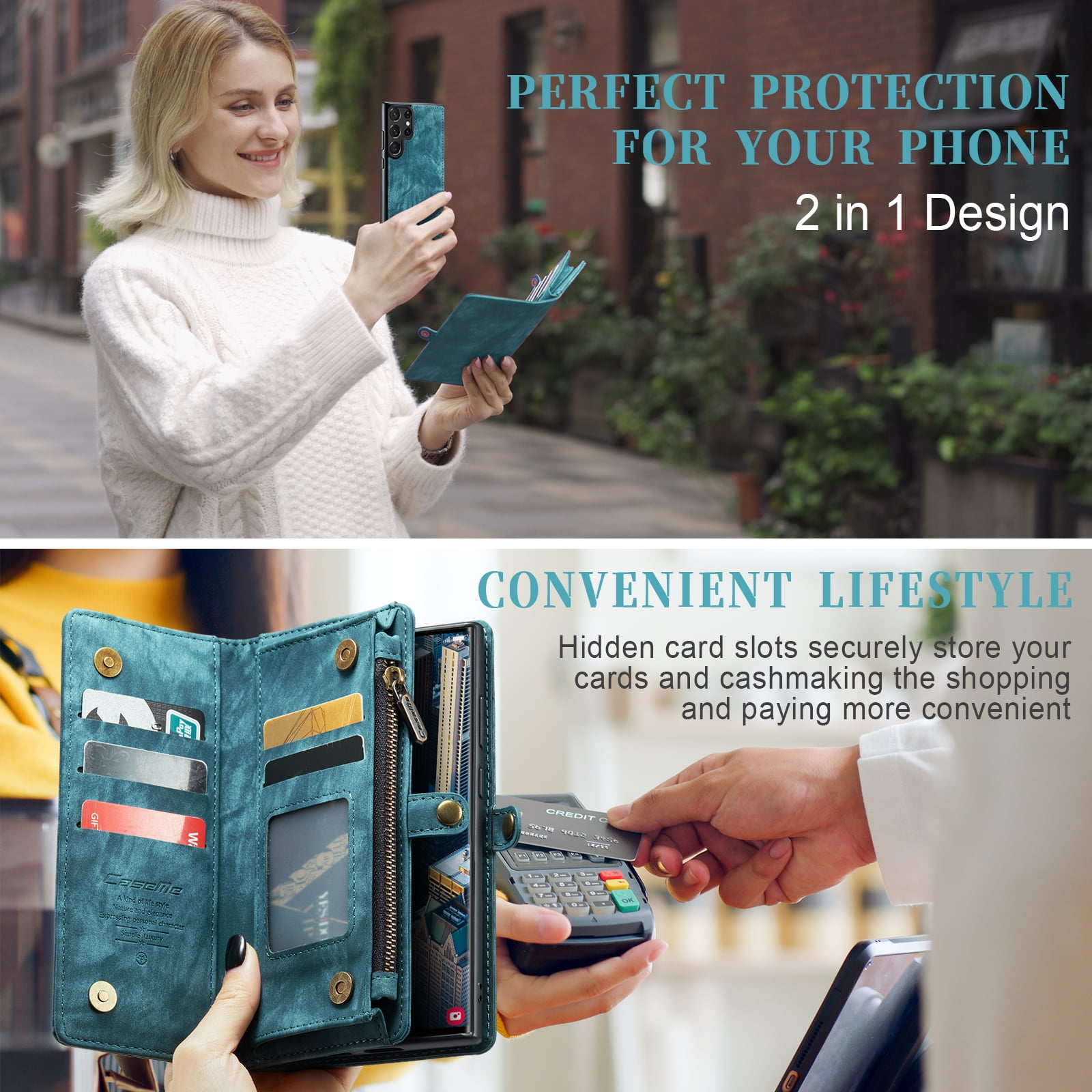 For Samsung Galaxy S25 Ultra Wallet Case,Multi-Functional Retro Leather Purse Flip Cover Zipper Wallet Case with Removable Card Slots Pocket & Detachable Wrist Strap Magnetic Phone Case, Green