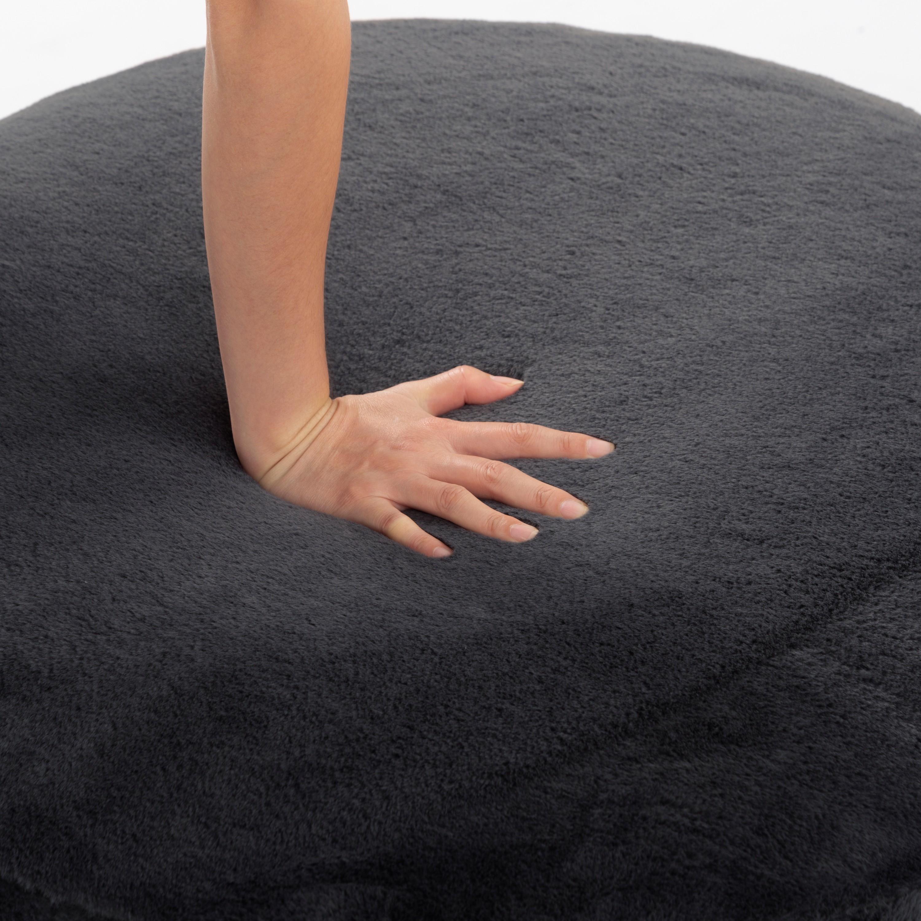 BSHTI 27.56 Inch Plush Round Ottoman with Faux Rabbit Fur, Sturdy Solid Wood Legs for Living Room, Accent Seat & Footrest(Dark Gray)
