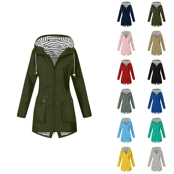 Women's Raincoats Lightweight Windproof Waterproof Long Sleeve Zipper Hooded Rain Coat with Pockets Rain Jacket Women