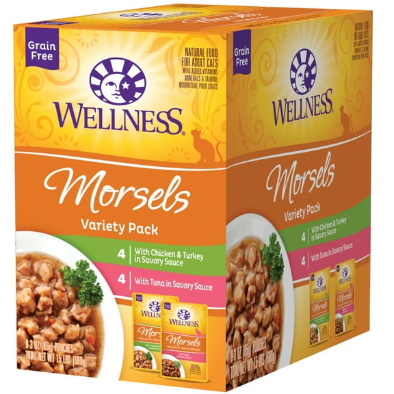 Wellness Healthy Indulgence Natural Grain Free Wet Cat Food Morsels Variety Pack, 3-Ounch Pouch (Pack of 8)