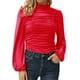 thumbnail image 1 of Moda mujer color sólido blusa cuello alto manga larga acanalada delgada casual otoño camiseta Abanopi Rojo/Pequeña, 1 of 7