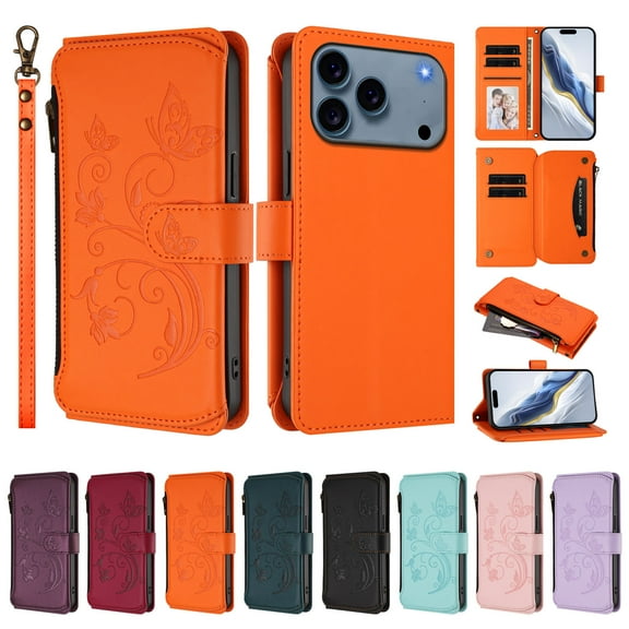 ELEHOLD Wallet Case For iPhone 17 Pro Max,  Butterfly Flower Pattern Leather Flip Kickstand Card Holder Zipper Pocket Magnetic Closure Cover With Crossbody Strap Lanyard  , Orange