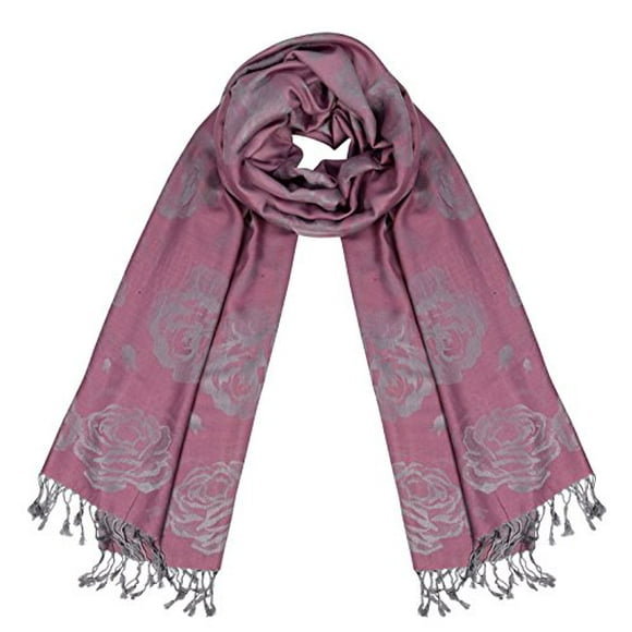 Peach Couture Elegant Floral Pattern Pashmina Wrap Shawl Scarf (Rose Pink Silver)
