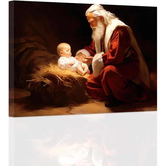 ZHONGYUTONG Nativity Canvas Wall Decor Christmas Wall Art Baby Jesus Birth of Jesus Picture Vintage Santa Claus Poster Print for Home Decor Framed (12" x 18")