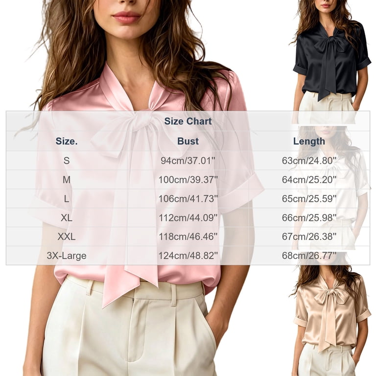 AHTJRT Satin Silk Tops for Women Bow Tie Short Sleeve Blouse