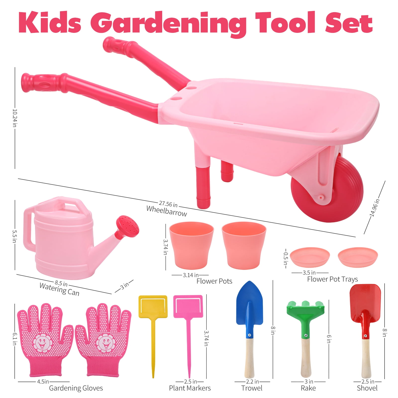 CUTE STONE Kids Gardening Tool Set, 13-Piece Pink Wheelbarrow Kit with Watering Can, Shovels, Rake, Gloves, Planters for Outdoor/Indoor Pretend Play, Toddlers Girls & Boys Age 3+