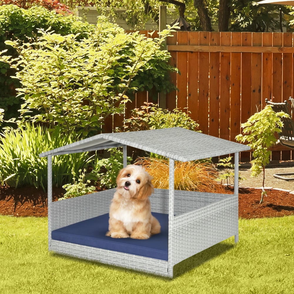 Spaco Wicker Dog House with Waterproof Roof and Washable Cushion Cover-Navy, Dog House, Indoor Outdoor Durable Ventilate Waterproof Pet Dog House