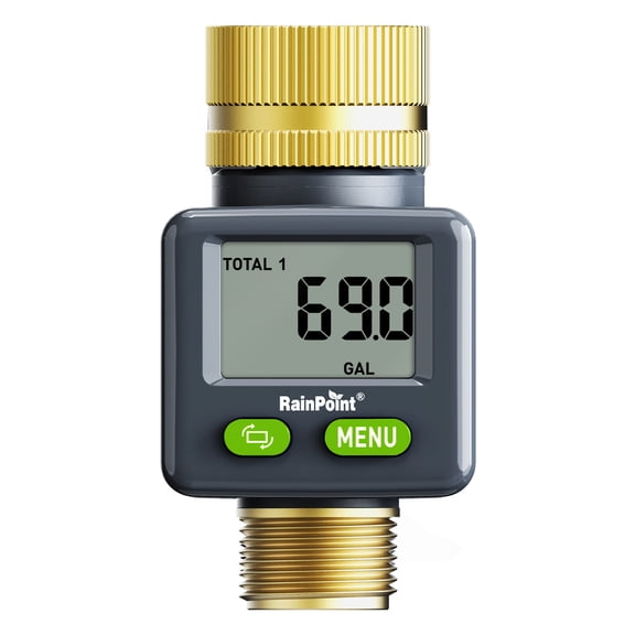 RainPoint Water Flow Meter for RV and Garden Hose Gallon Liter Counter to Gauge Flow Rate Ideal to Monitor Water Tank Filling and Measure Water Usage Brass Metal Inlet and Outlet