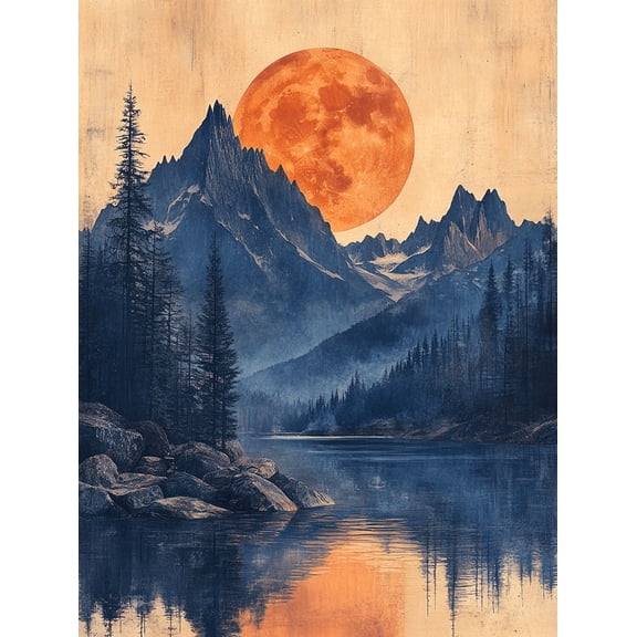 Orange Moon Mountain Lake Canvas Print/Wall Art， Suitable for Living Room，and Dining Room Decoration.