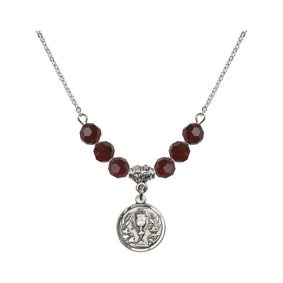 18-Inch Rhodium Plated Necklace with 6mm Red January Birth Month Stone Beads and Communion Chalice Charm
