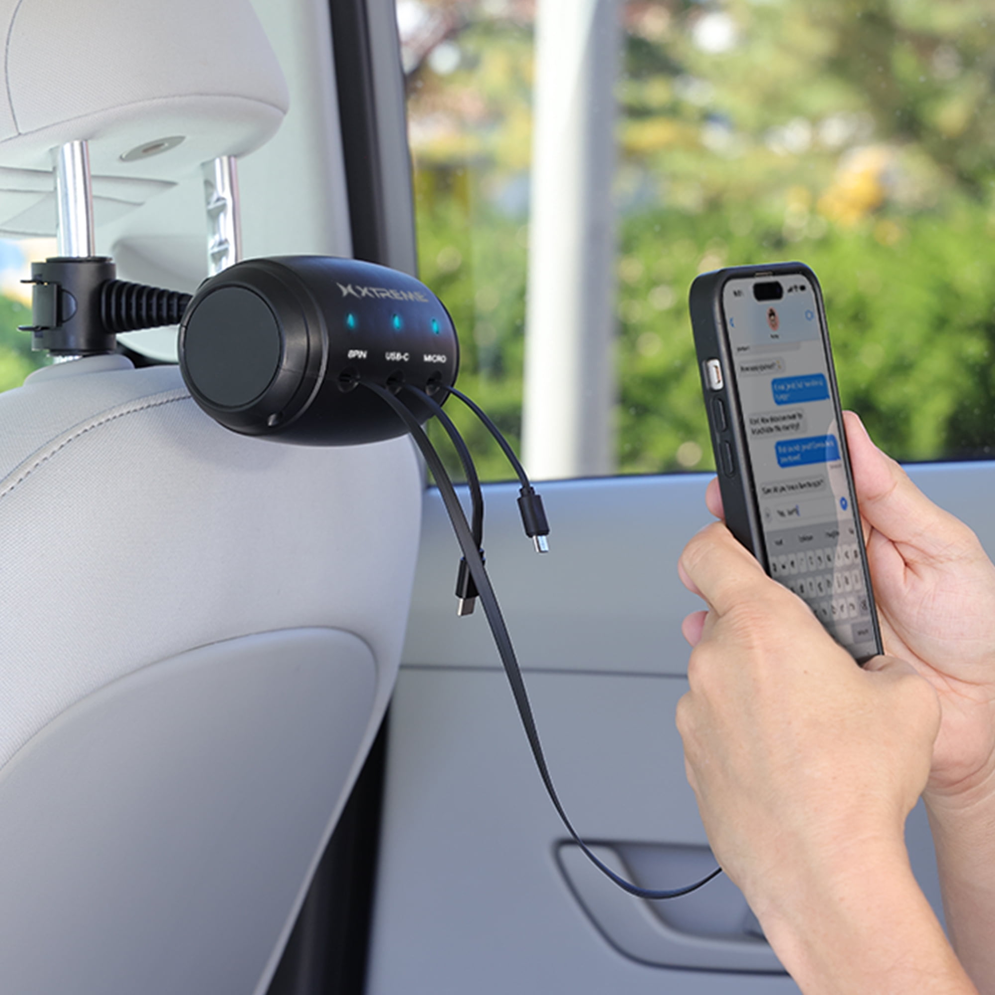 Xtreme Power 30W Retractable 3-in-1 12V Headrest Charging Station – USB-C, 8PIN & Micro, Automatic Cable Management, Car Charger for Backseat Passengers, Ride Sharing, SUVs & Vans, Pro Series,