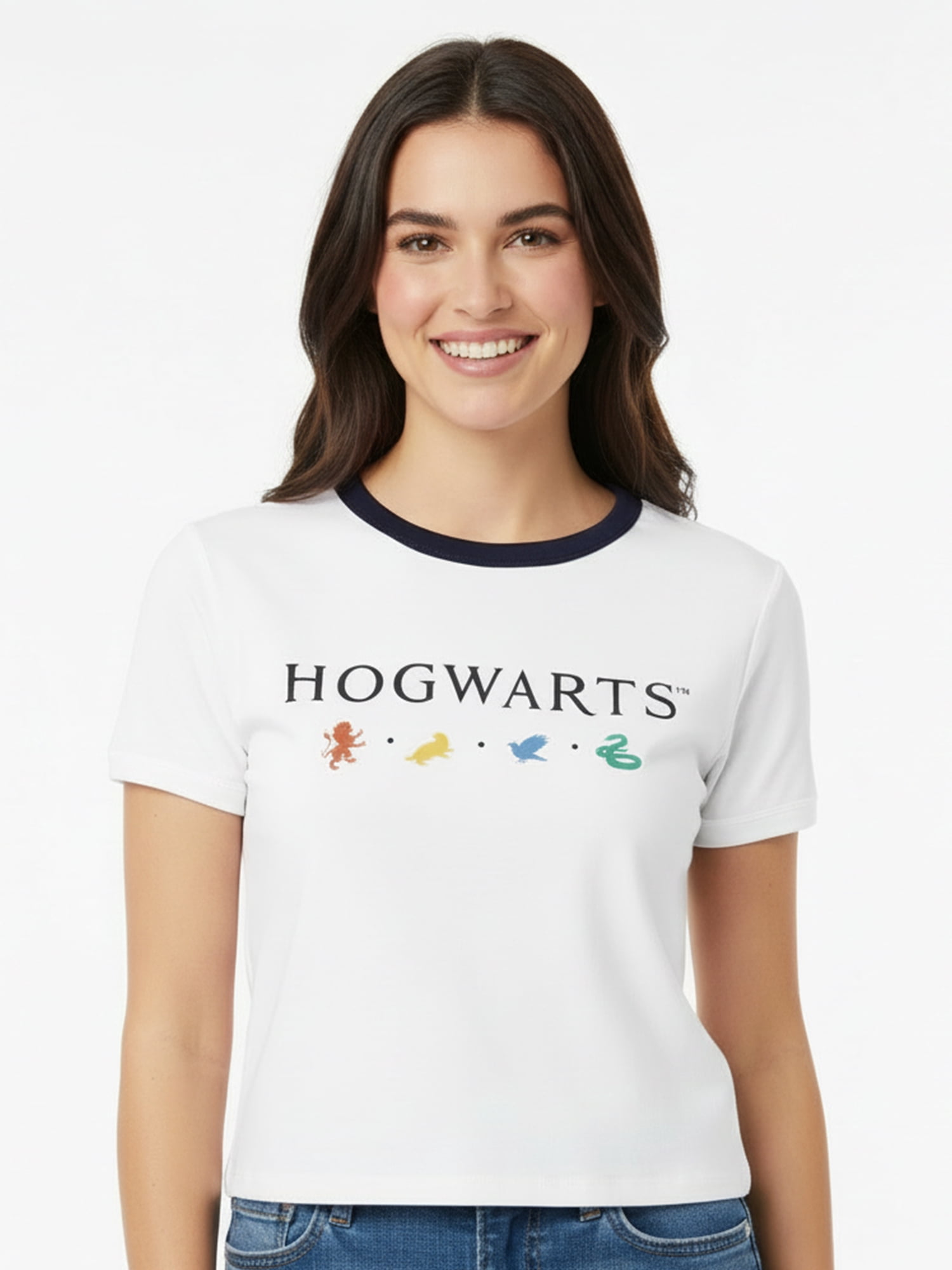 Harry Potter, Women's & Young Women's Graphic Short Sleeve Baby Tee, Hogwarts Mascots, Sizes XXS-2XL