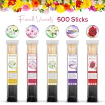 Floral Incense Sticks Variety Set 500 Pack Sampler 11" Sticks - 5 Bundles of 100 Sticks Per Bundle. Gardenia, Japanese Cherry Blossom, Jasmine, Lavender, Red Rose.