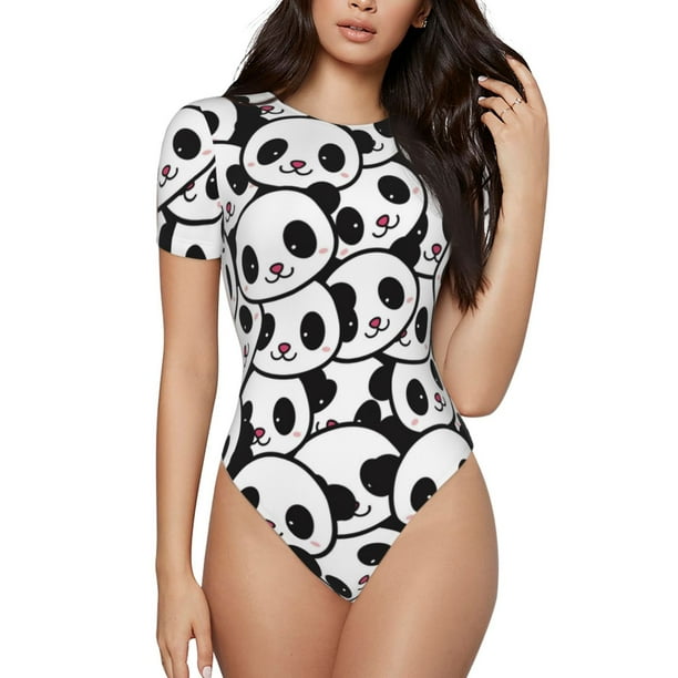 Balery Cute Panda Body de cuello redondo de manga corta para mujer Tops de manga corta Tops básicos-Small