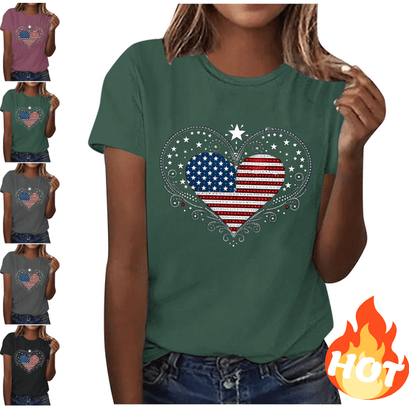 Mifsaly Women Independence Day T Shirt Filigree Heart Graphic Patriotic Tees Crewneck Short Sleeve Cotton Tops Summer Casual Usa Tshirt S