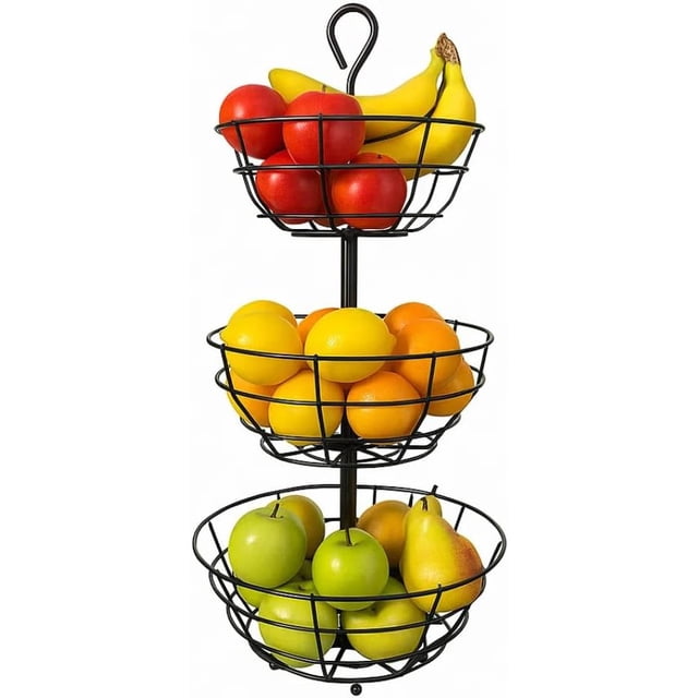 Frutero de Cocina de 3 Niveles Organizador de Frutas y Verduras en Alambre Negro Mate Canastas Metálicas Organizadoras de Frutas para Cocina Ahorra Espacio con Estilo.