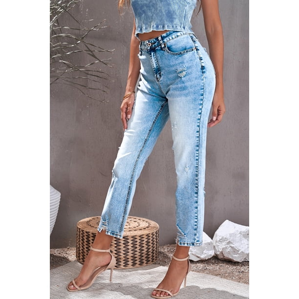 ABPHQTO Jeans de pierna recta de tiro alto con lavado medio azul cielo para mujer