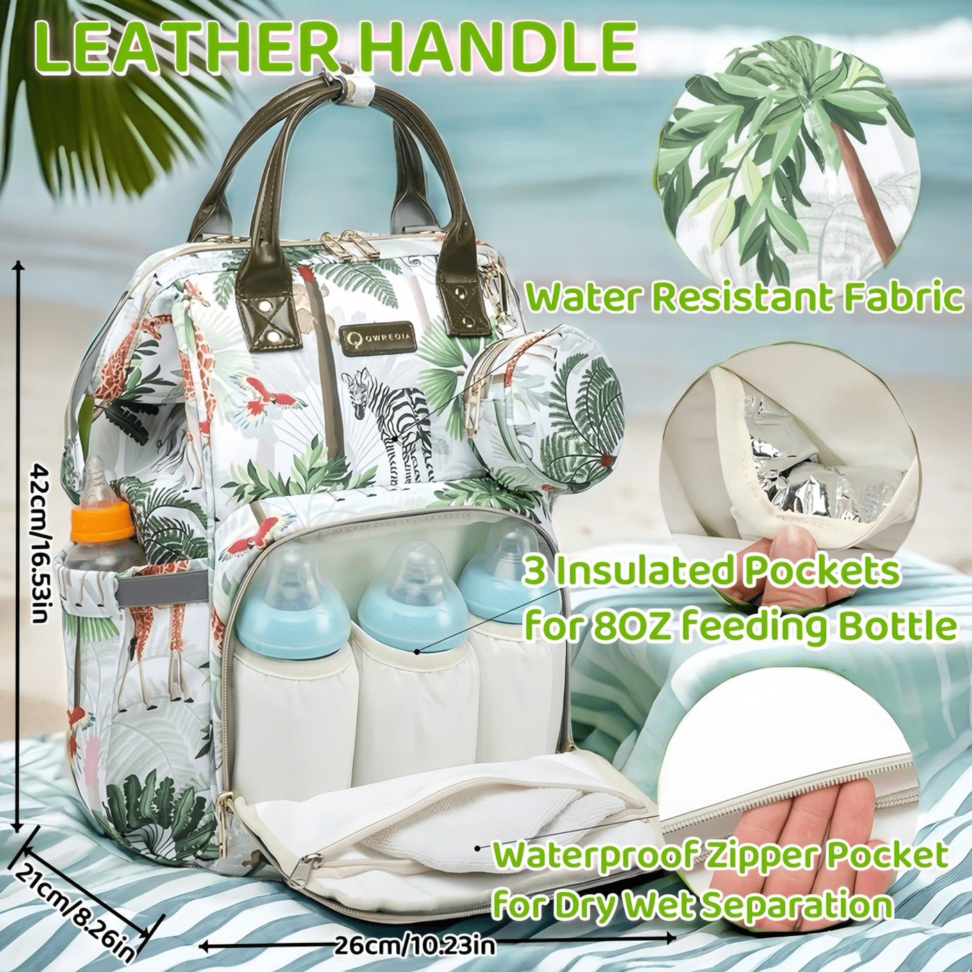 Tropical Rainforest Diaper Bag Backpack,Animal Nappy Backpack with Coin Bag USB Charging Port Stroller Straps and Insulated Pocket For Women/Mom/Travel (Animal Pattern)