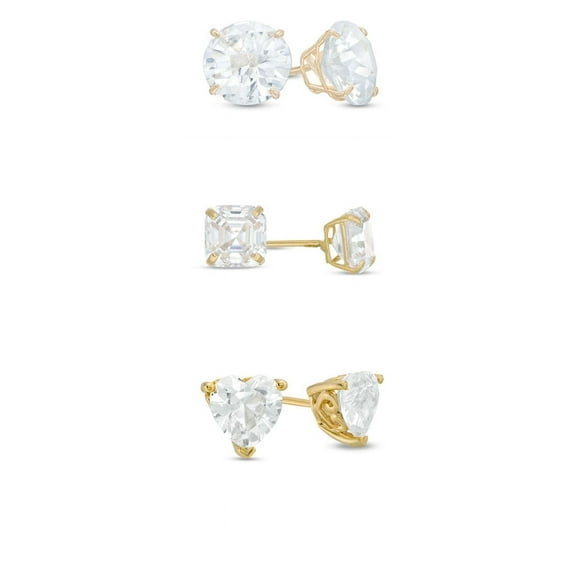 Bonjour Jewelers 18k Yellow Gold Moissanite 3 Pair Round, Square And Heart Stud Earrings Plated 6mm