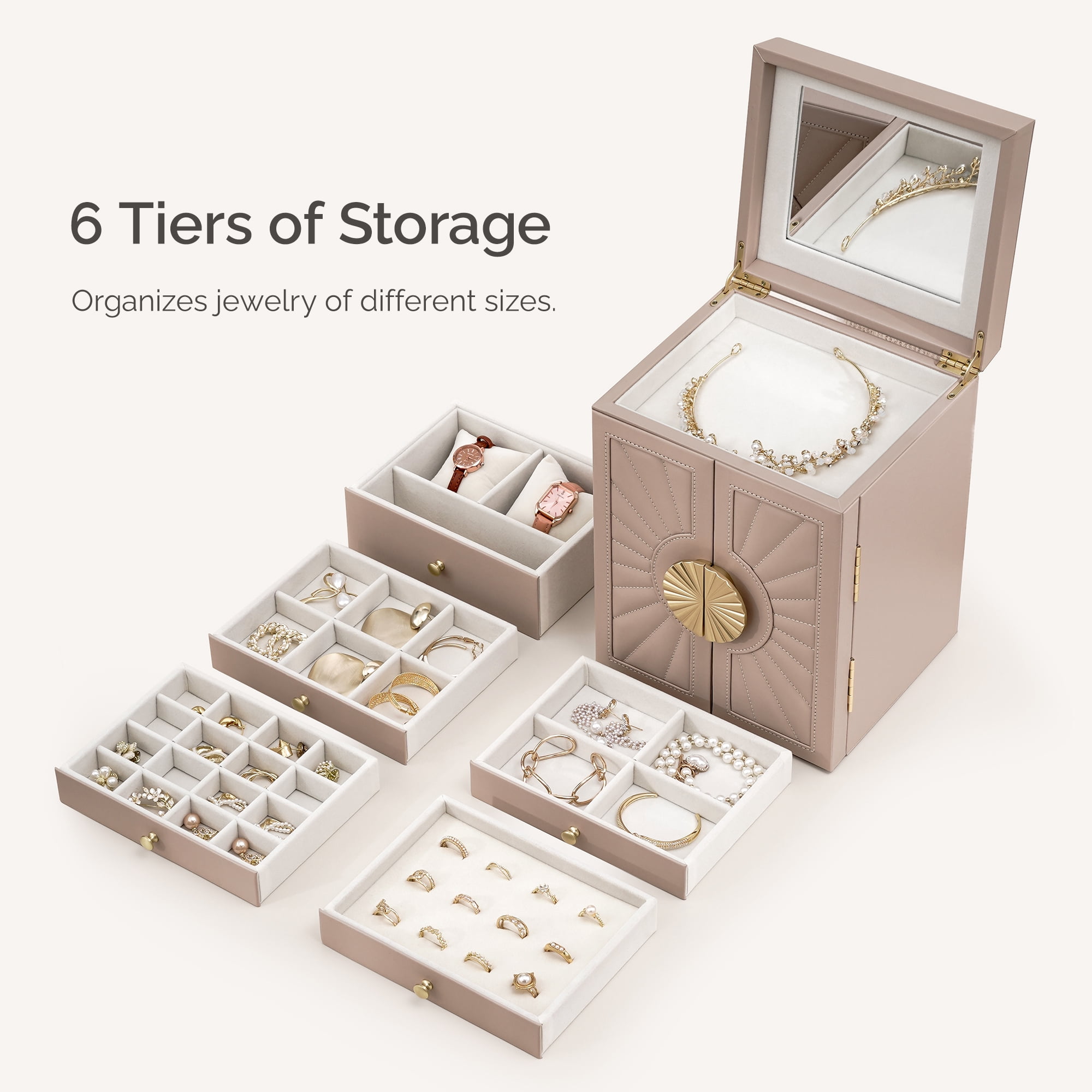 Casegrace 6-Tier Huge Jewelry Box for Women Girls with Mirror 5 Drawers Organizer Necklace Ring Earring Storage Opening Door Gift Case