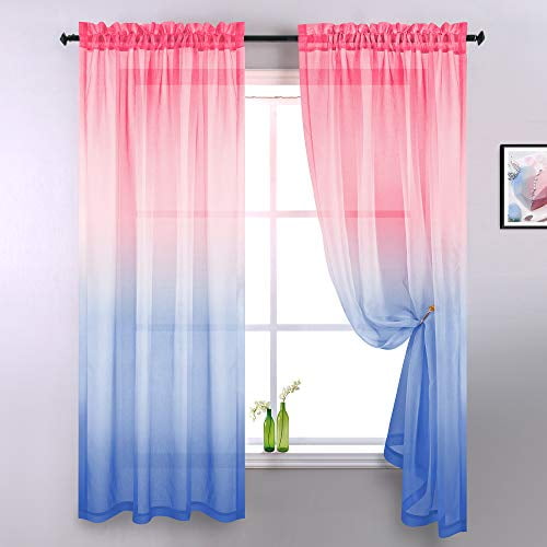 Blush Pink and Blue Curtains for Girls Bedroom 2 Panels Set Window Treatments Voile Sheer Window Coverings Ombre Rainbow Colorful Kids Curtains for Teen Girls Room Decor Kids Nursery Kitchen Bathroom