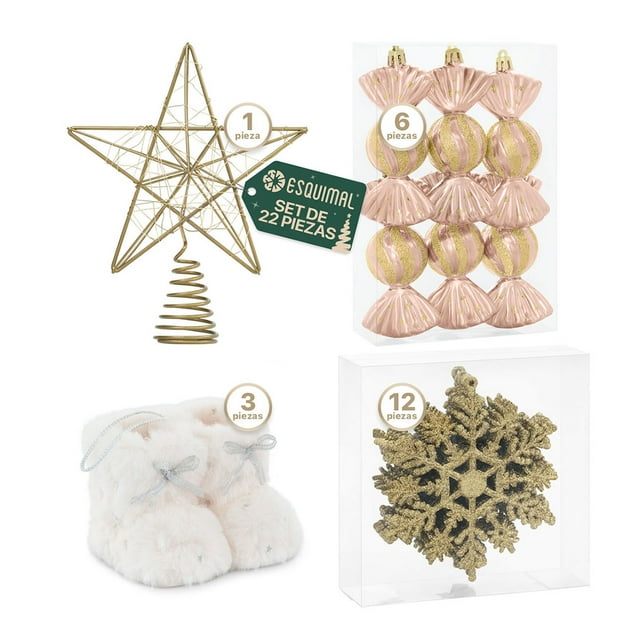 Set Esferas y Adornos Navideños para Árbol de Navidad Esquimal, 22 Piezas (Dorado Rosa)