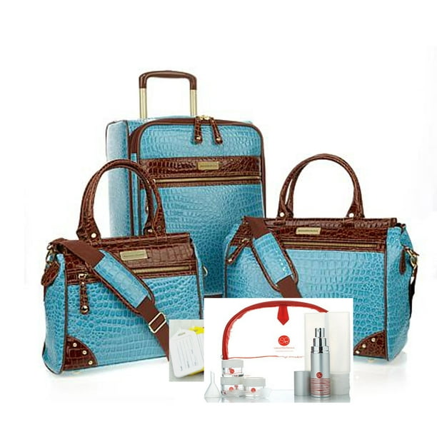 Samantha Brown 5 Piece Classic Luggage Set 21" Upright, Dowel Bag,Plus ExtrasAqua (Camel Trim