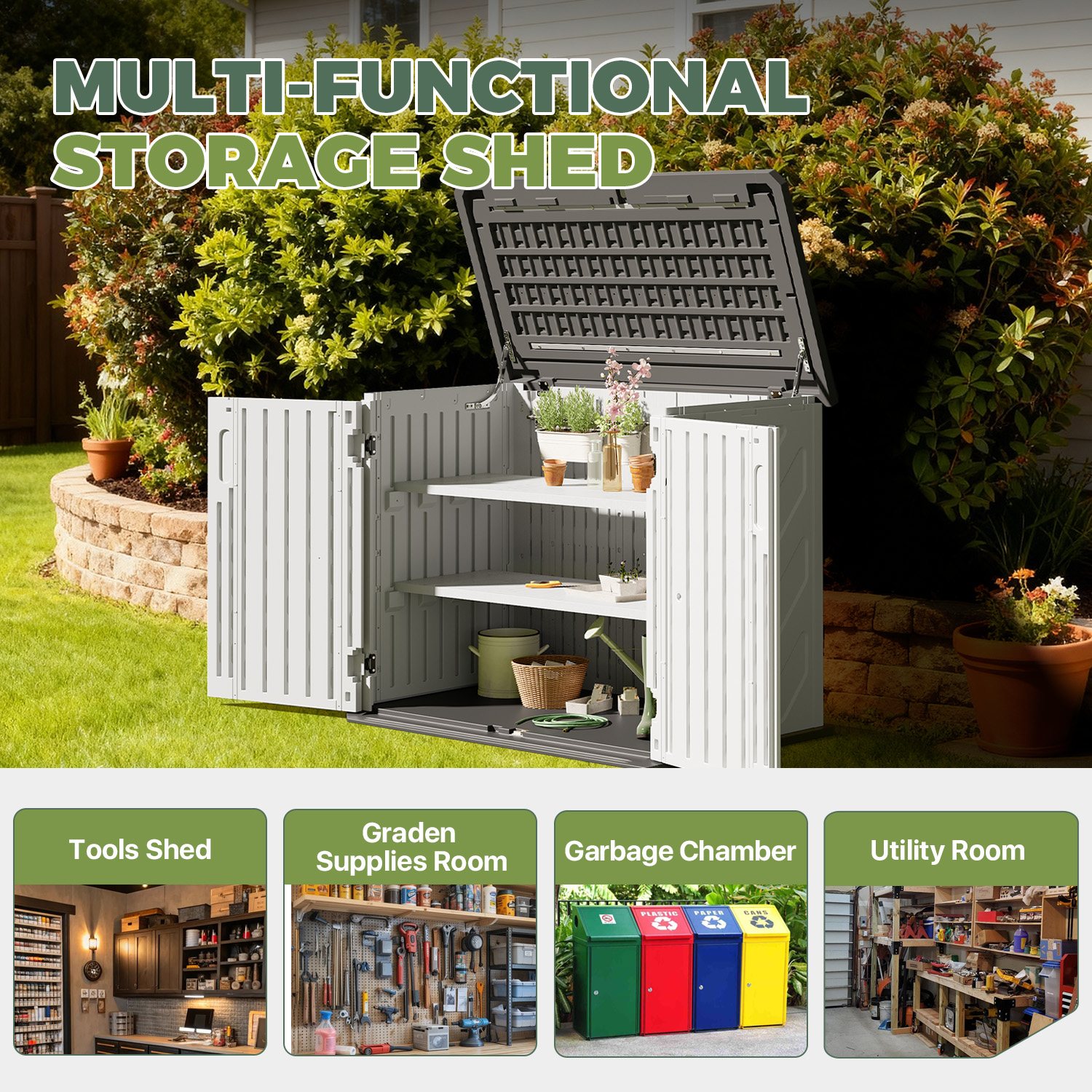 BaPiPro 35 Cu.Ft Outdoor Storage Cabinet with 2 Shelves - Waterproof Horizontal Resin Storage Shed for Tools, Garbage Bins, Generator & Lawn Mower，White