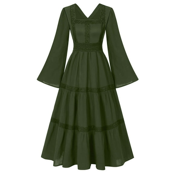Renaissance Dress Women Pirate Peasant Tiered Flowy Long Dresses V Neck Bell Sleeve Vintage Victorian Costume