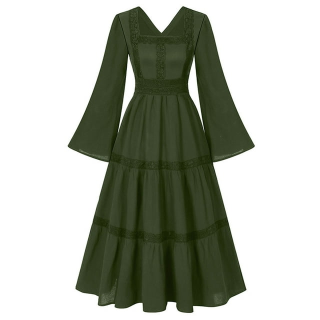 Lovzfmll Robe Médiévale à Manches Longues Unie Mode Décontractée pour Femmes Verte, P