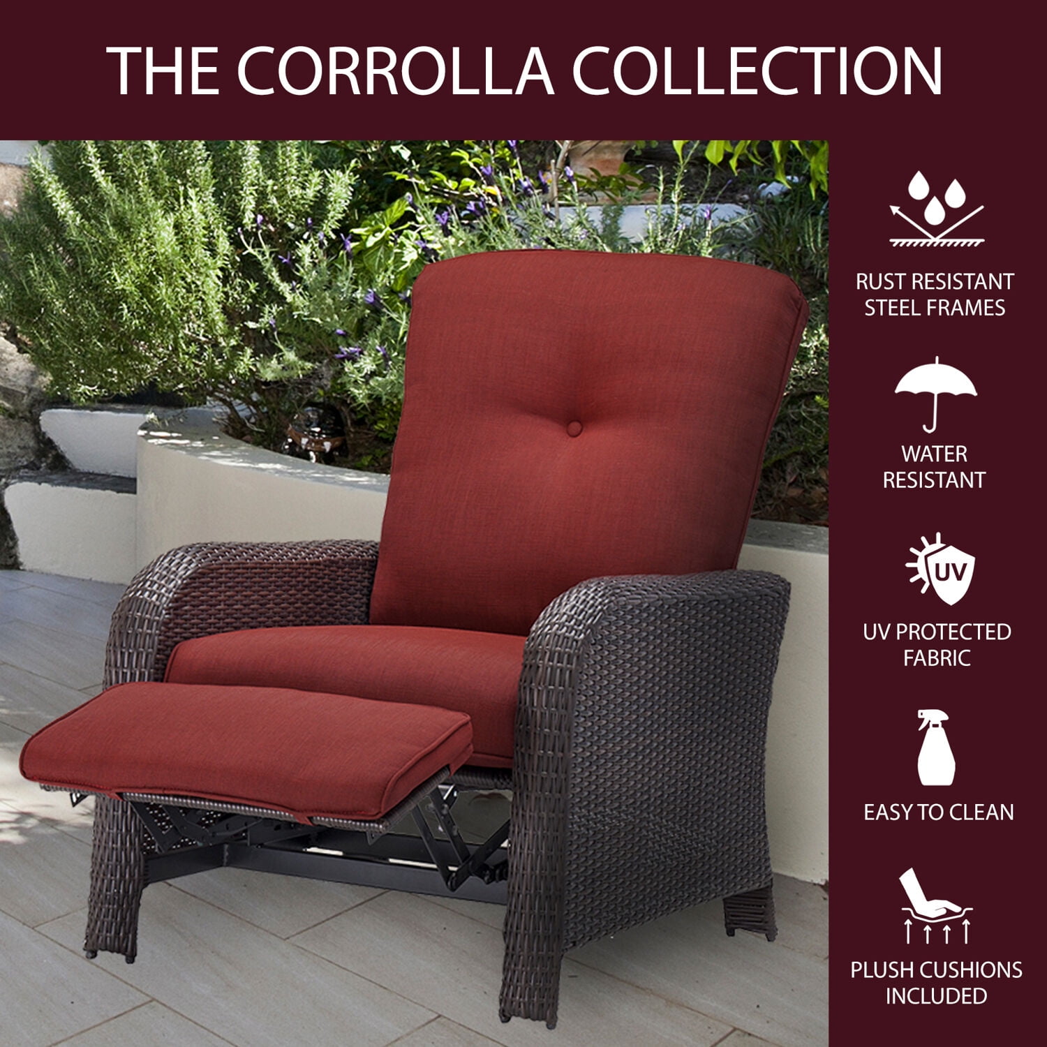 Cambridge Corrolla Outdoor Luxury Recliner in Red, All Weather, Steel Frame