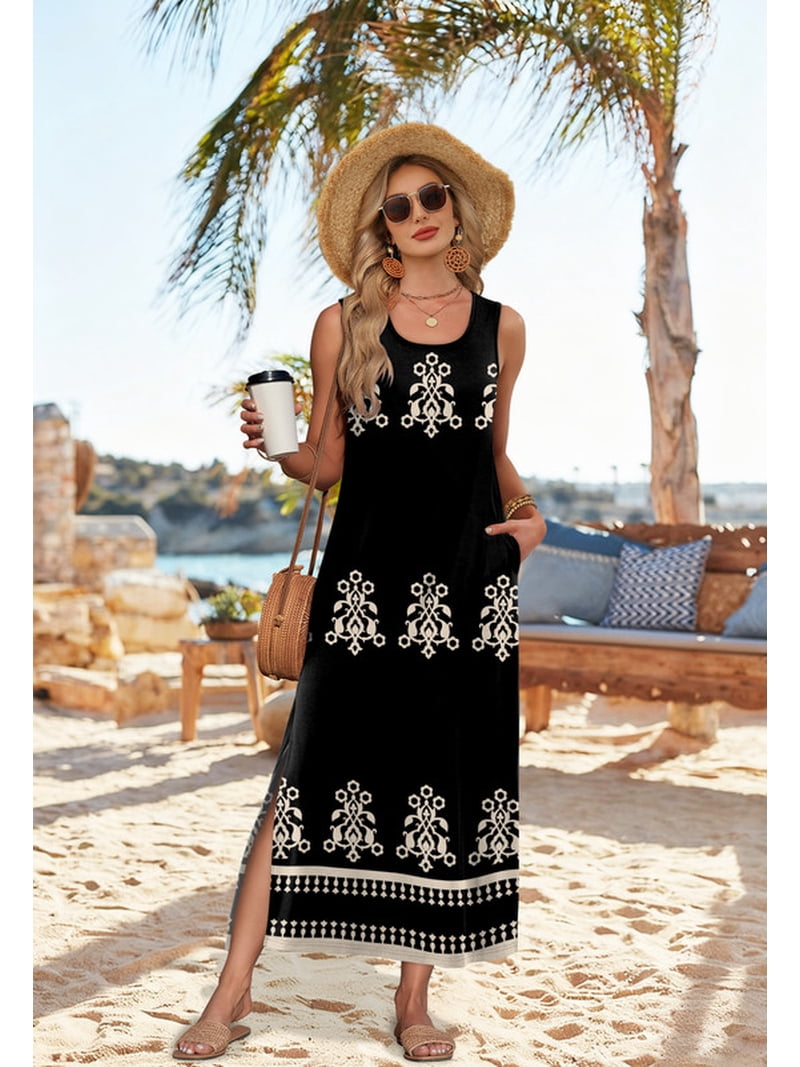 maxi dresses for tropical vacation Wiholl Maxi Dress Summer Dresses 2026 Beach Vacation Clothes Sleeveless Sundresses with Pockets, Women's, Size: Large