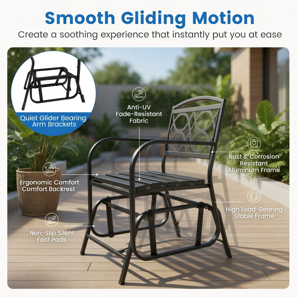 Hommoo 2-Person Outdoor Glider Bench, Heavy-Duty Metal Patio Swing Bench with Quiet Glide Mechanism, Ergonomic Backrest & Slatted Seat, Black
