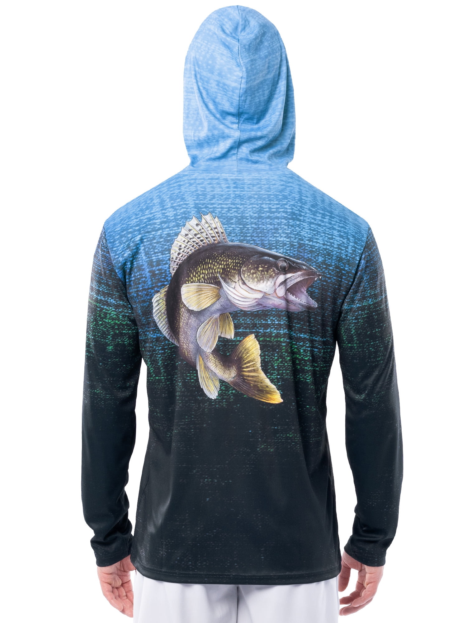 Fish N Vibe Men's Long Sleeve Performance UPF 30 Fishing Graphic Hoodie, Murky Walleye-Blue, L