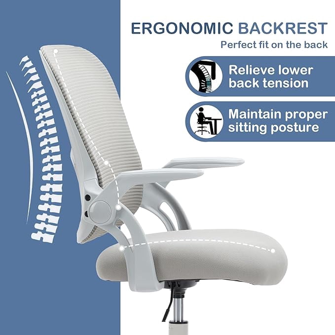 Ergonomic High-Back Mesh Office Chair - Breathable Waist and Back Support Computer Chair with Adjustable Armrests, Height Adjustment, and 360° Swivel Base(Gray)