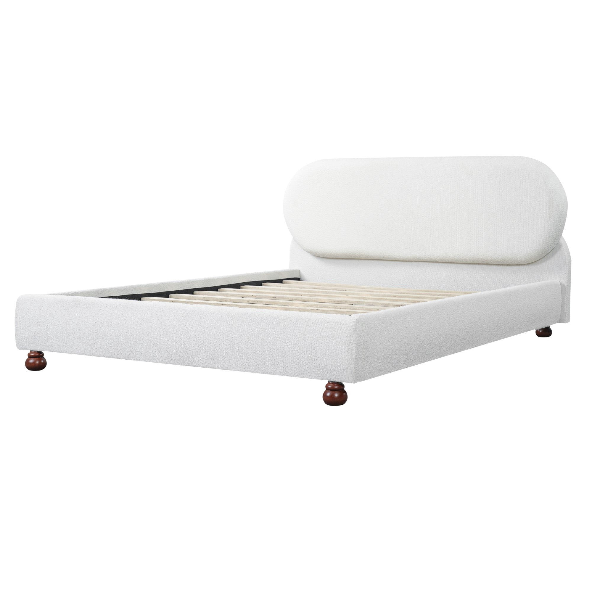 Sailvan Queen Cream Boucle Upholstered Bed,Modern Platform Bed Frame with Curved Headboard and Solid Rubber Wood Gourd Legs,800lb Support