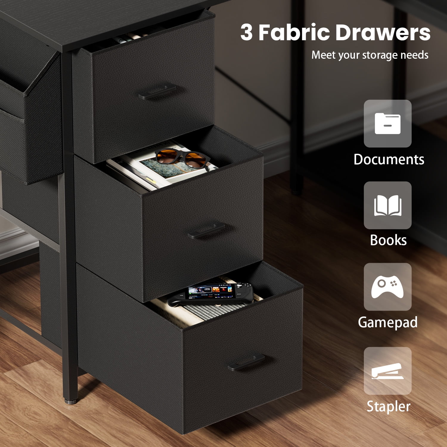 HLDIRECT L Shaped Computer Desk with Drawers & Storage Shelves, 55 inch Corner Desk for Home Office and Bedroom, Black
