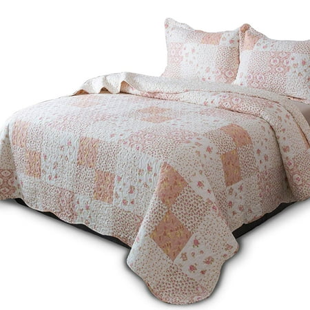 Pink Bedding Set King Kasentex Country-Chic Printed Pre-Washed Quilt Set. Microfiber Fabric Quilted Pattern Bedding, KING + 2 Shams, Multi-Pink ()