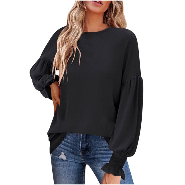 Chemises à Manches Longues pour Femmes pour l'Automne Tuniques de Mode pour Femmes pour Leggings Col Rond Manches Lanterne Chemises à Manches Longues Décontractées Chandails en Molleton d'Automne Blouse T-Shirts Tuniques pour Femmes à Manches Longues
